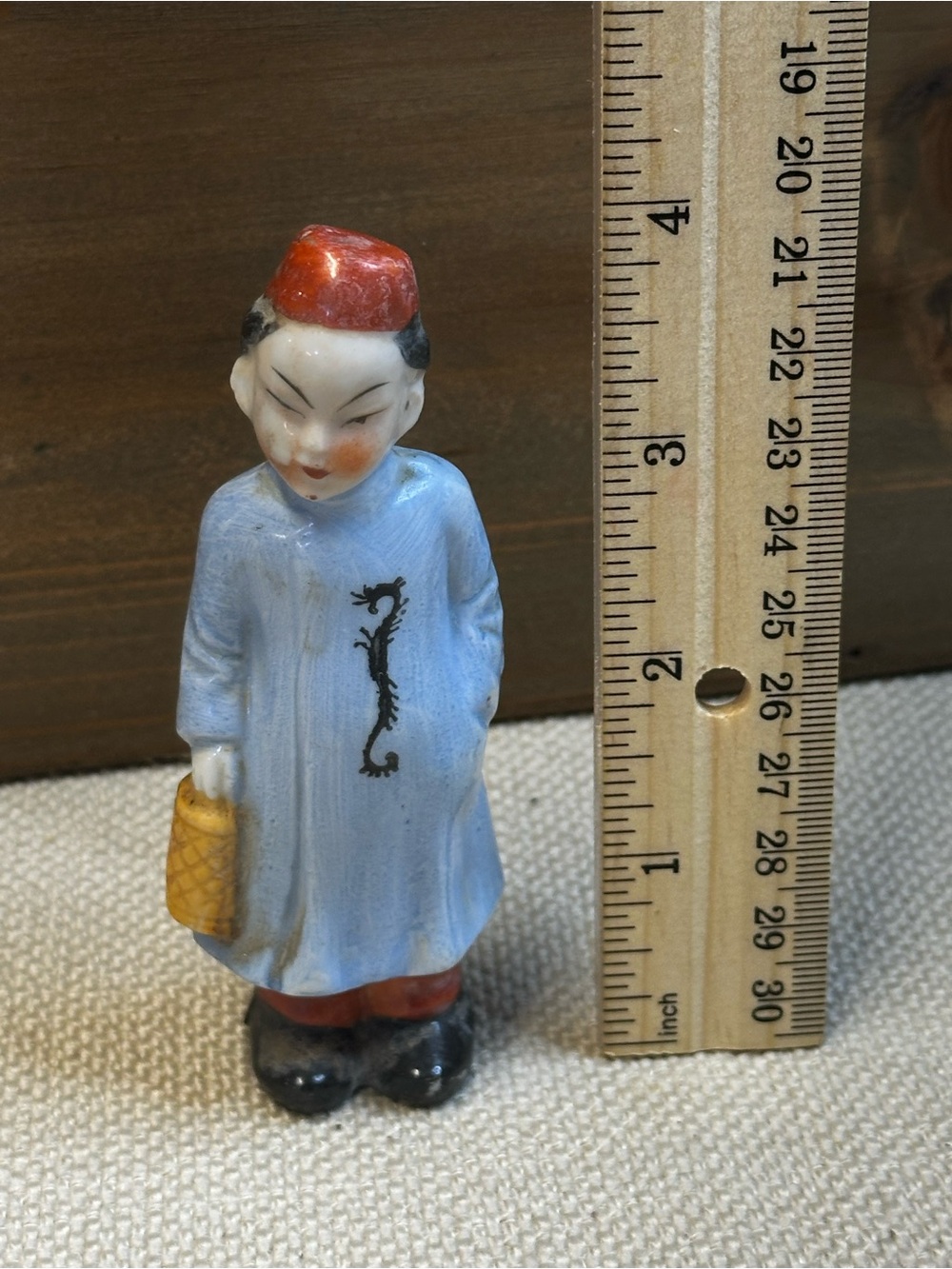 Vintage Japan Porcelain Chinese Man Figurine Blue Robe Basket Queue 3.75”